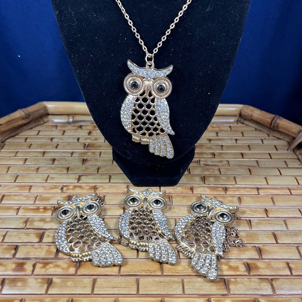Set Of 4 Gold-Tone Rhinestone Owl Necklaces With Chain